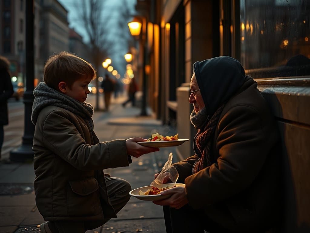 Kind Teenager Offers Food to Homeless Person at Dusk