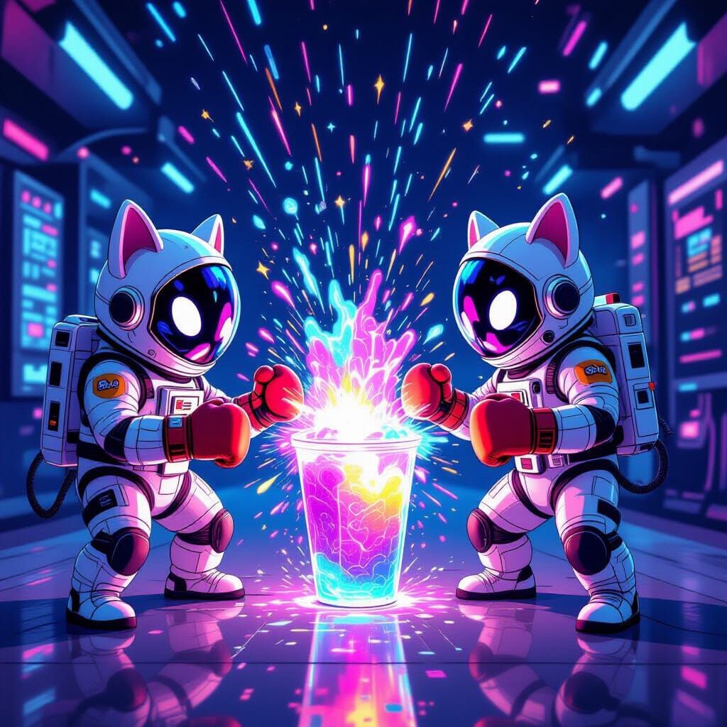 Futuristic Furbies Boxing Over Iridescent Drink