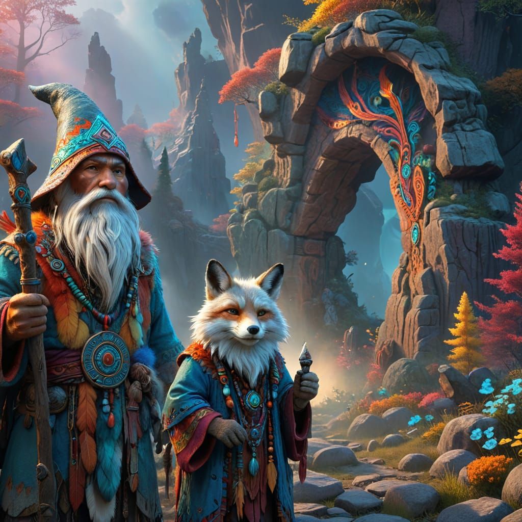 Surreal Moebius Art: Gnome Magician and Shaman Fox Converge ...