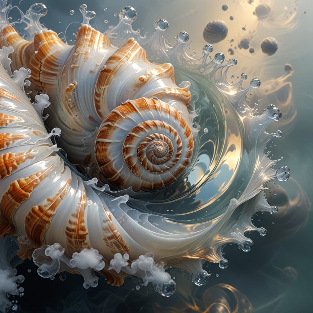 Realistic Shell Spiral in a Misty Lake Landscape