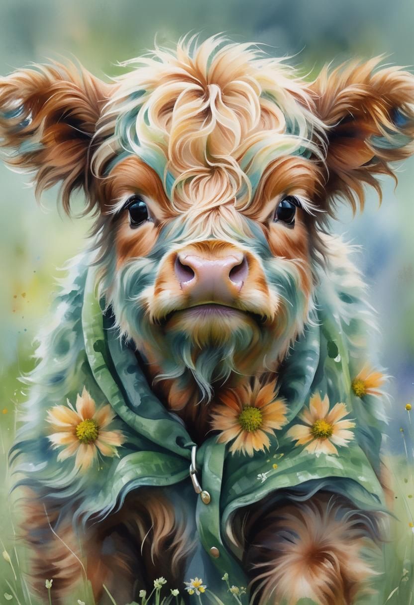 Watercolor Highland Cow Portrait in Meadow