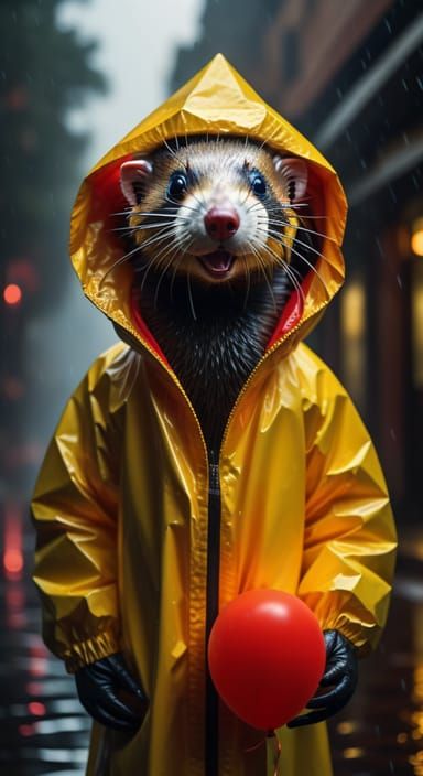 Mysterious Ferret in a raincoat with a red balloon