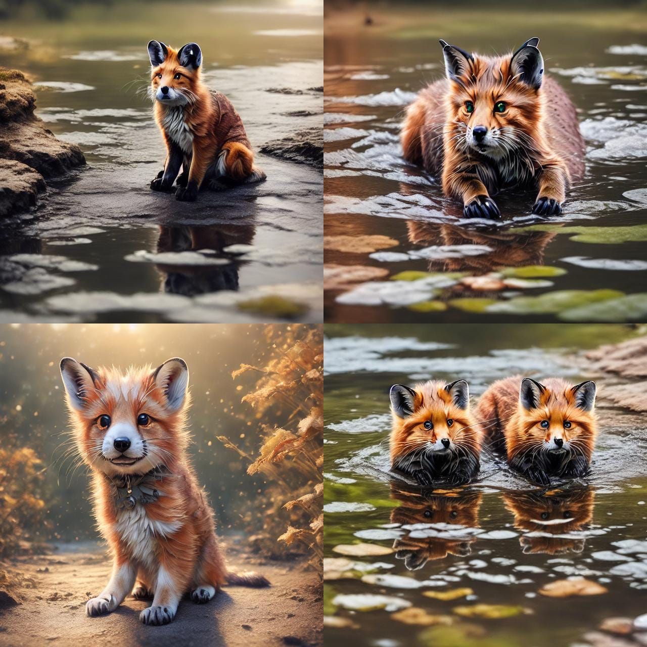Playful Fox Kits at Sunset: Hyperrealistic Digital Art