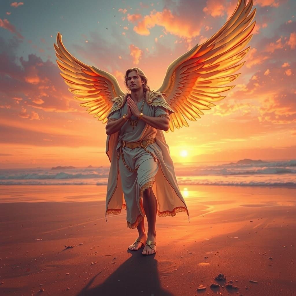 Golden Dawn Angel on Serene Shores