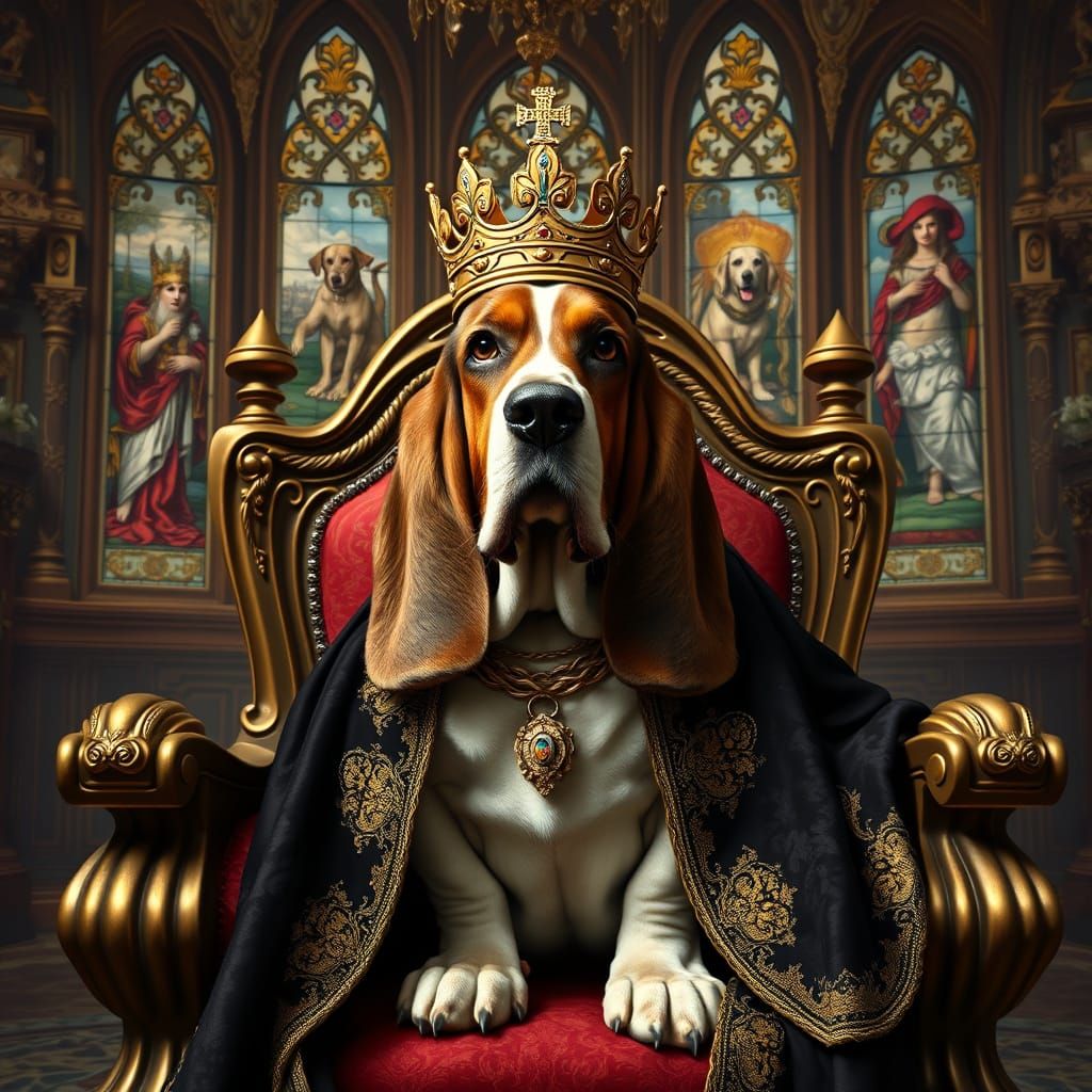 Regal Basset Hound Poses Majestically on Throne