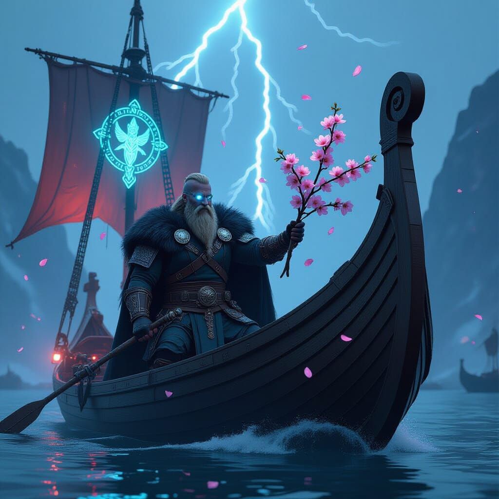 Viking Captain in Cyberpunk Neon Fjord