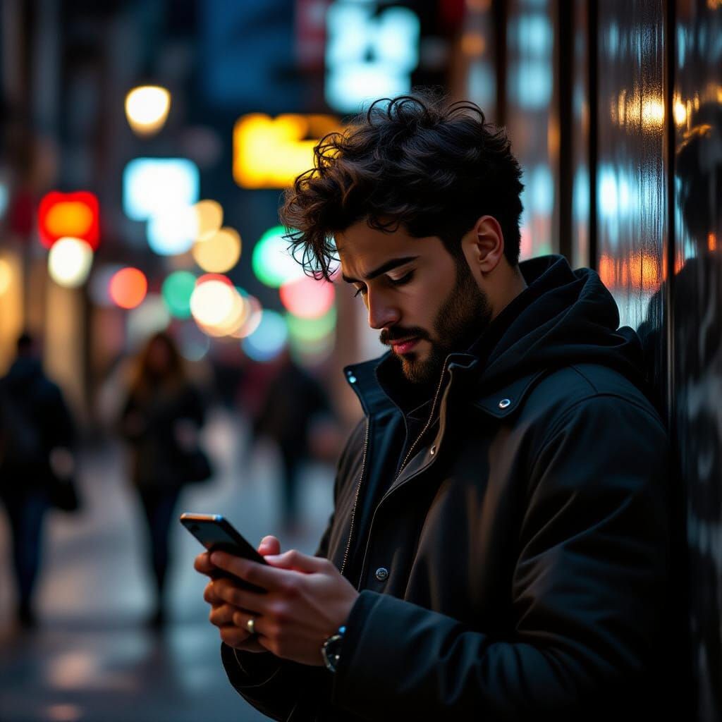 Latino Man Admiring Photos on Phone in Dramatic Light