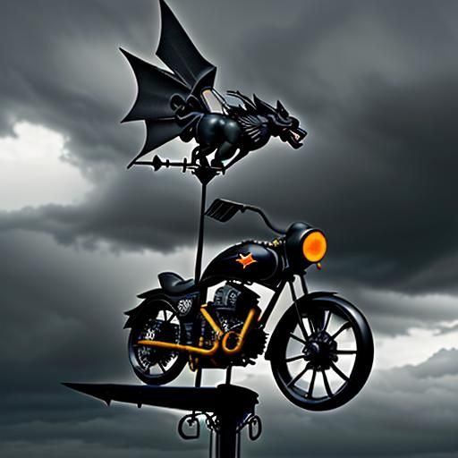 A weather vane shaped like a motorcycle, spinning wildly in the wind. Dark clouds gather overhead, symbolizing an unpred...