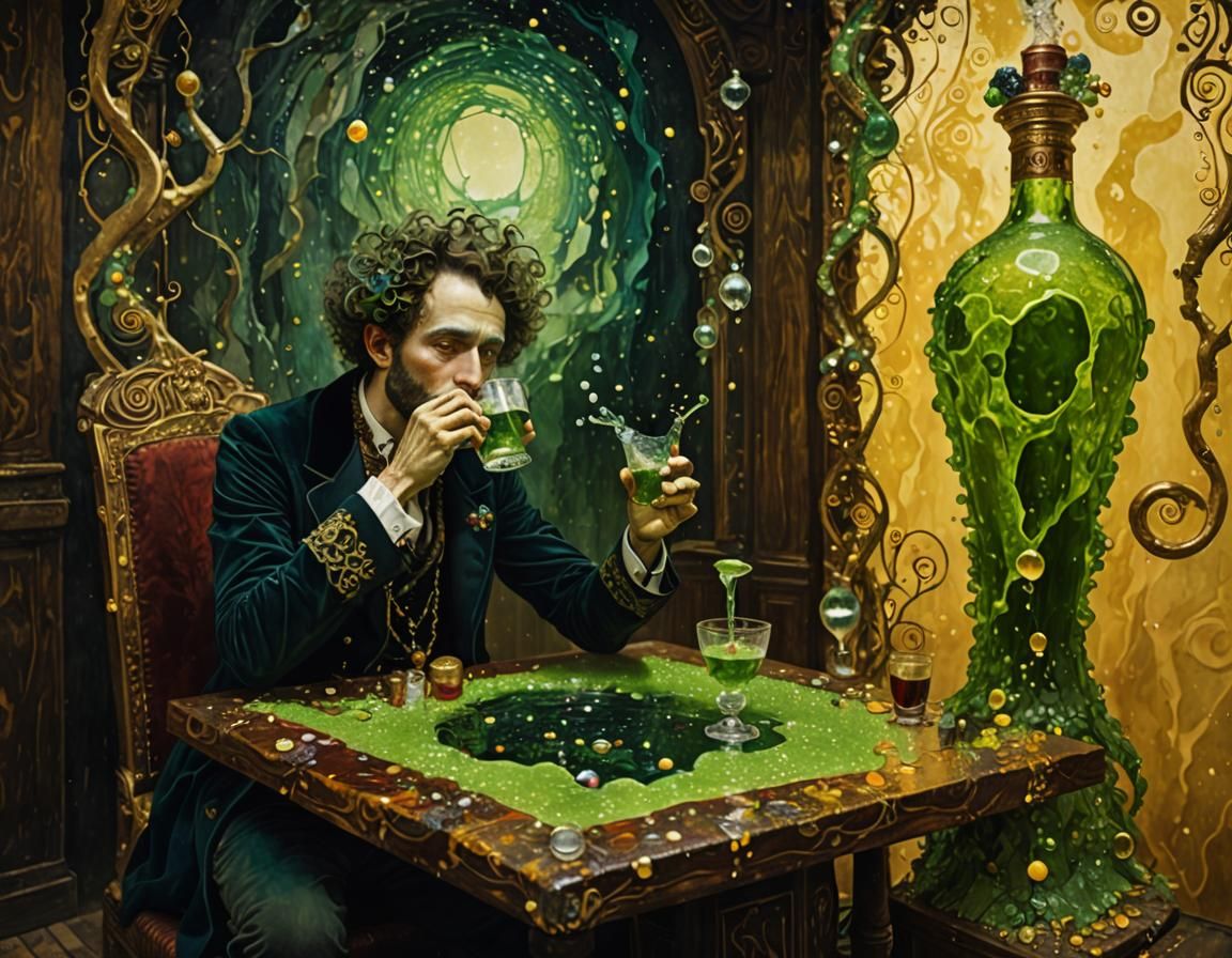 Absinthe Drinker in Klimt-Inspired Splash Art