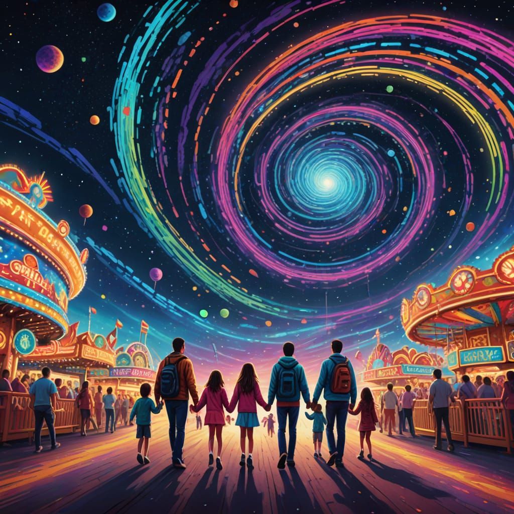 Psychedelic State Fair Family in Mixed Media Style