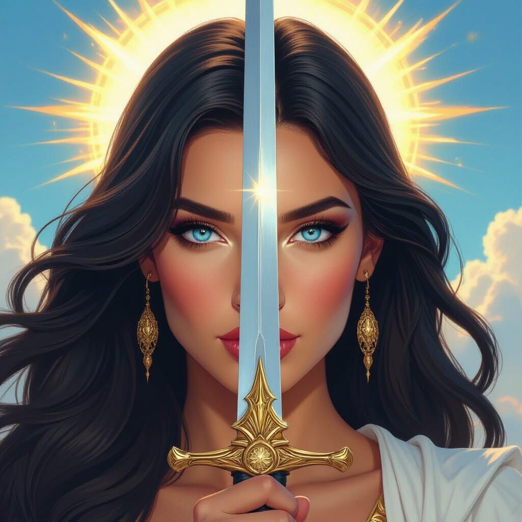 Goddess Sif with Amaterasu Sword in Majestic Blue Sky