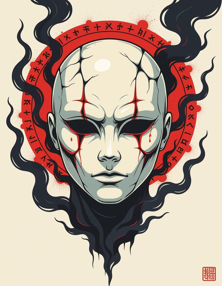 Cracked Mask with Red Aura in Dark Anime Style