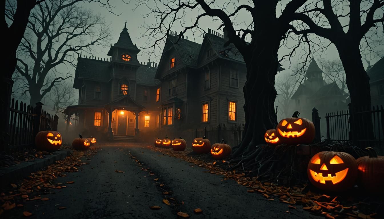 Eerie Haunted House in Fog with Glowing Pumpkins