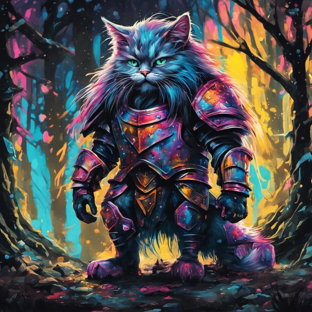 Armored Cat Creature in Woods: Graffiti Art