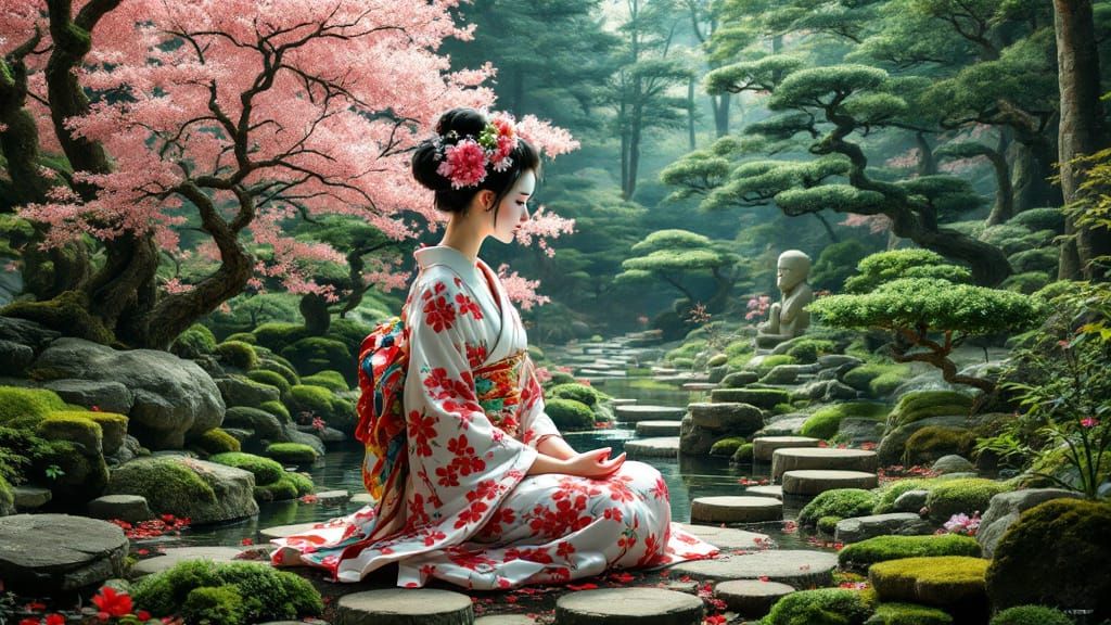 Geisha Meditating in Zen Garden: Hokusai and Ukiyo-e Styles