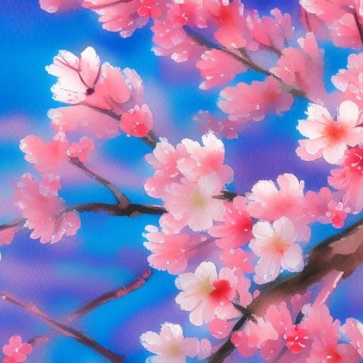 Cherry Blossom Macro in Gouache Watercolor Style