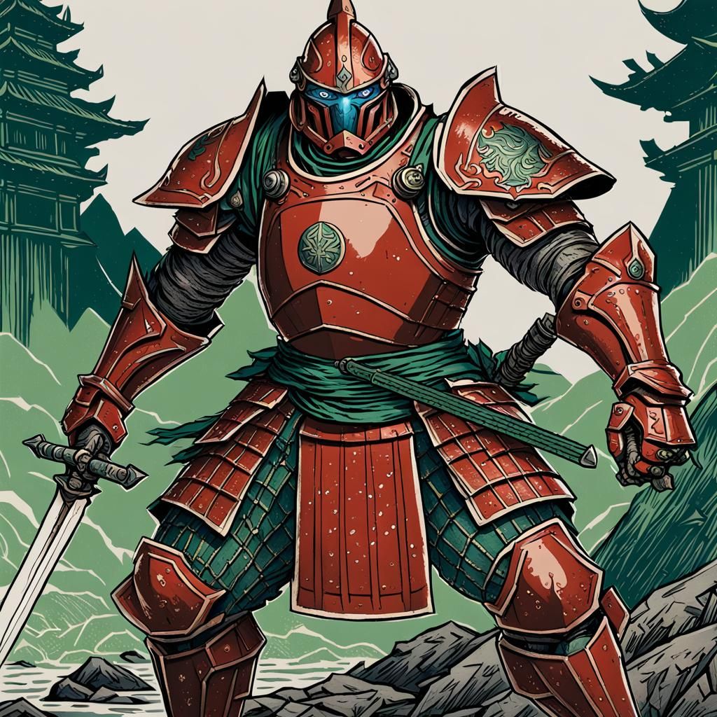 Warforged Fighter on Battlefield in Ukiyo-e Style