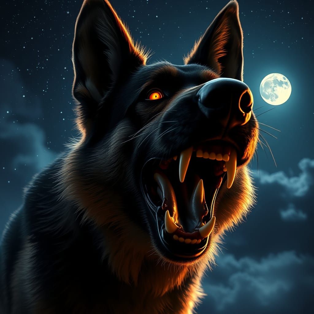 Fierce German Shepherd Howling at Moonlit Sky