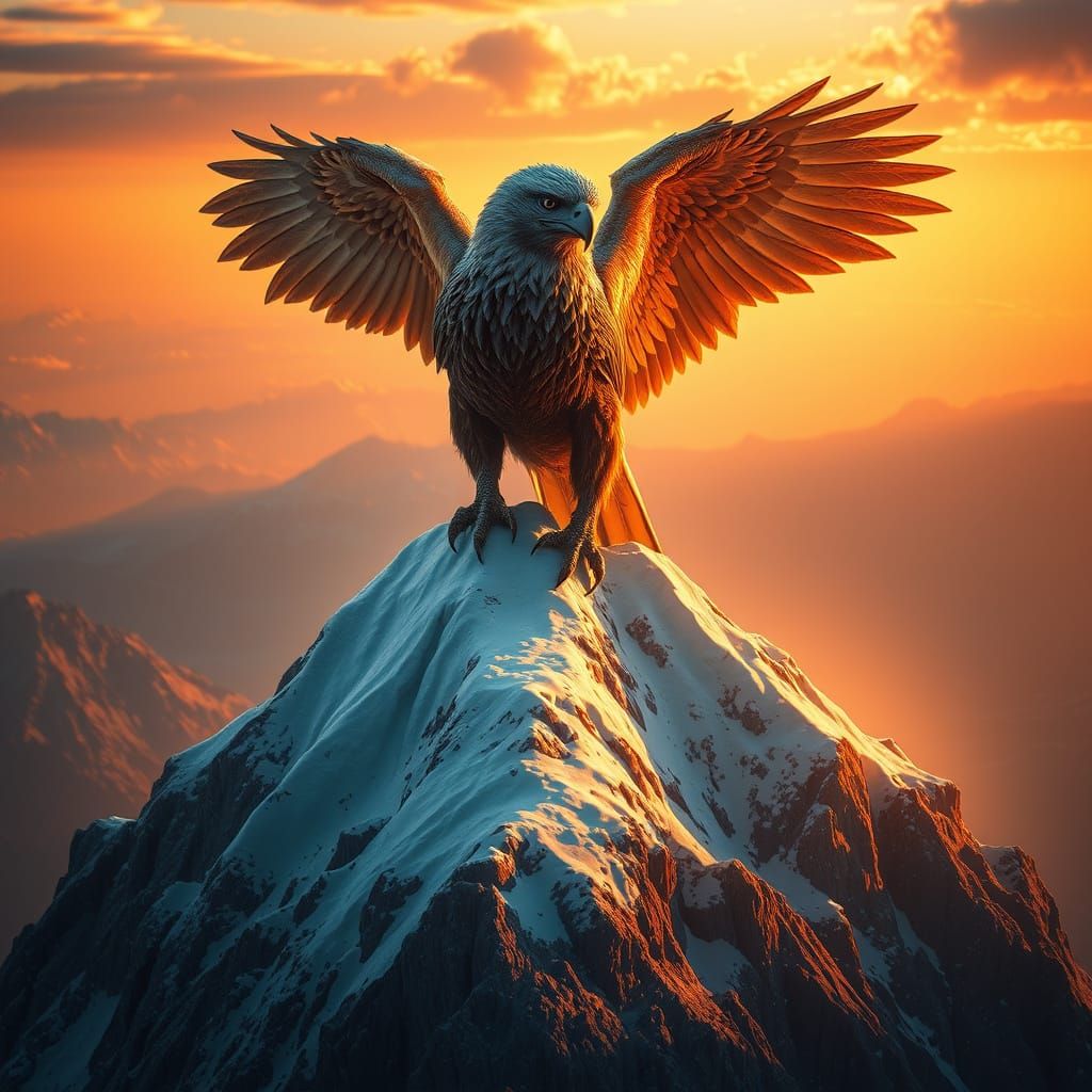 Griffin Perched Atop Mountain Peak in Golden Light