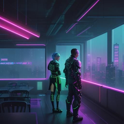 Cyberpunk Couple Gazing at Neon Cityscape, 8K