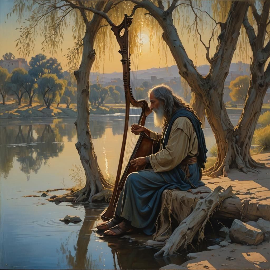 Babylonian Exile: Israelites' Lament, Evocative Oil Painting