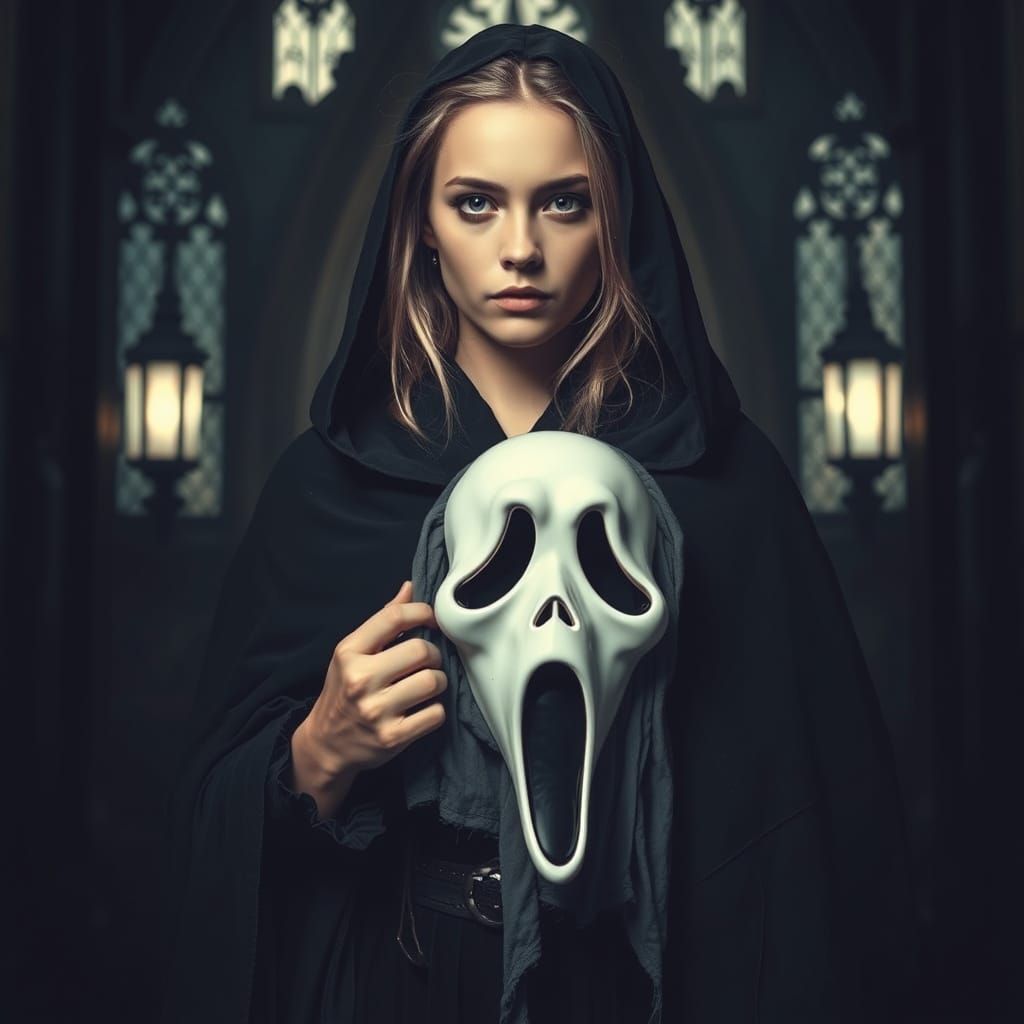 Gothic Woman with Ghost Face Mask Inspired by Beksiński