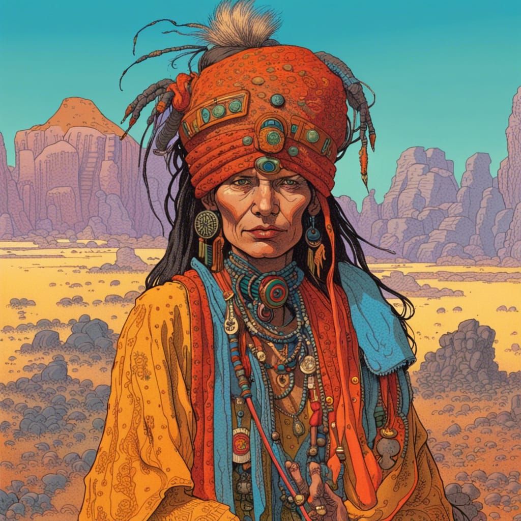 Punk Rock Shaman Portrait in Moebius Style