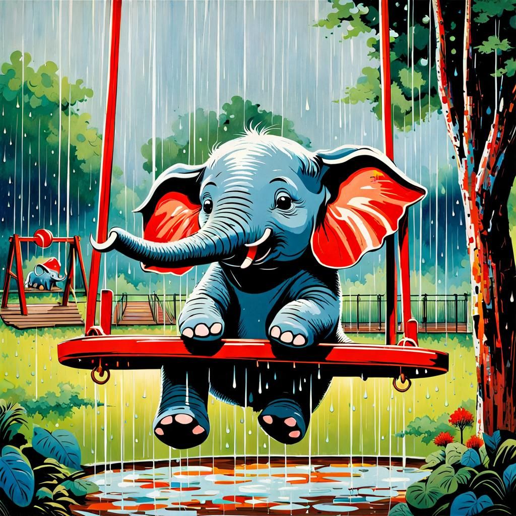 Joyful Elephant on Swing, Impressionistic Style