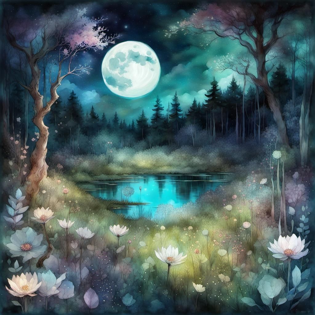 Moonlit Meadow Digital Watercolor with Constellations
