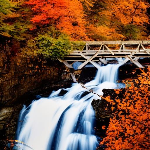 Autumn Bridge Over Waterfall: Professional Photography