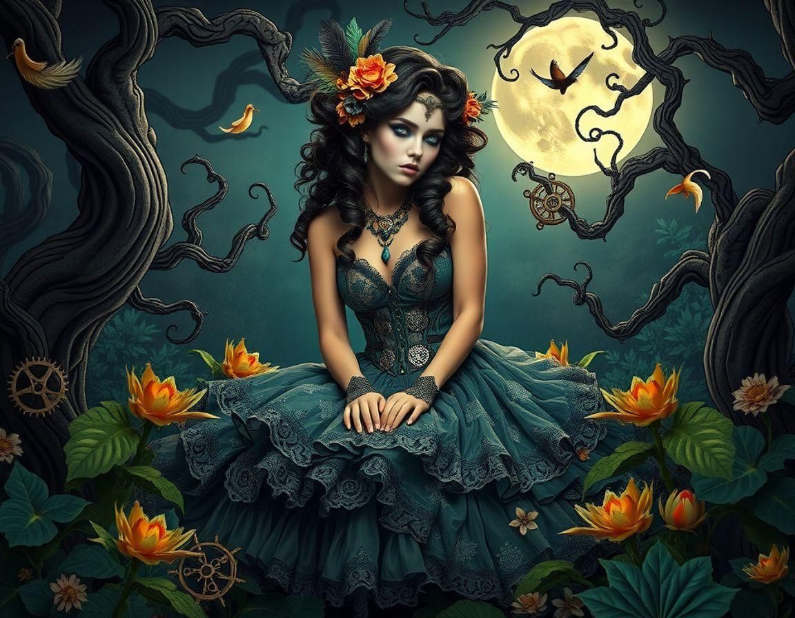 Whimsical Female in Steampunk Art Nouveau Garden