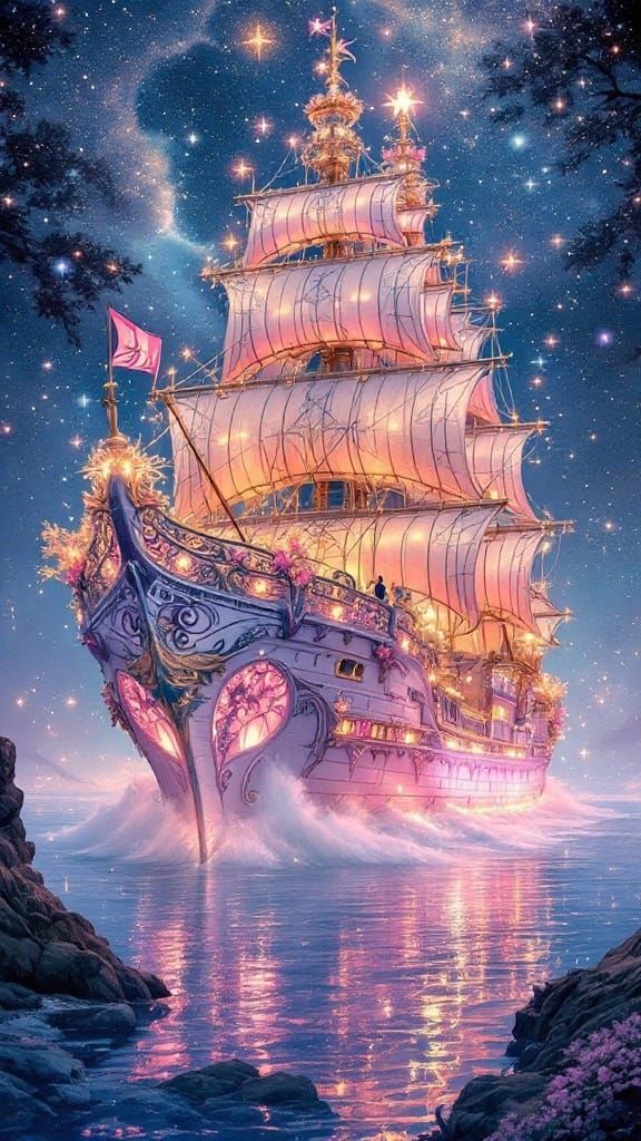 Majestic Princess Ship in Whimsical Fantasy Setting