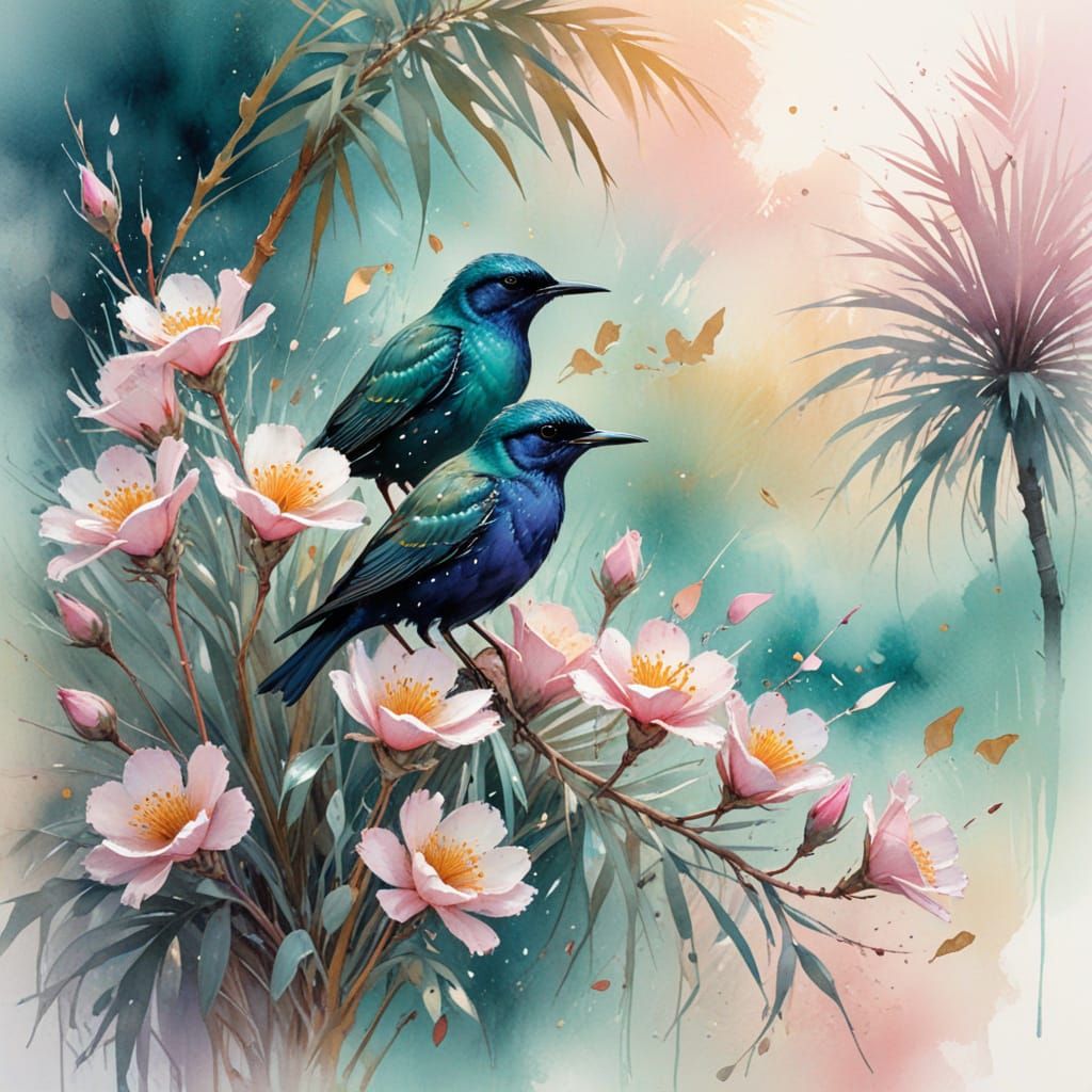 Desert Oasis with Iridescent Starlings in Ink Wash Style