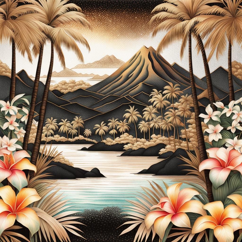 Bronze Hawaiian Landscape in Vintage Watercolor Style