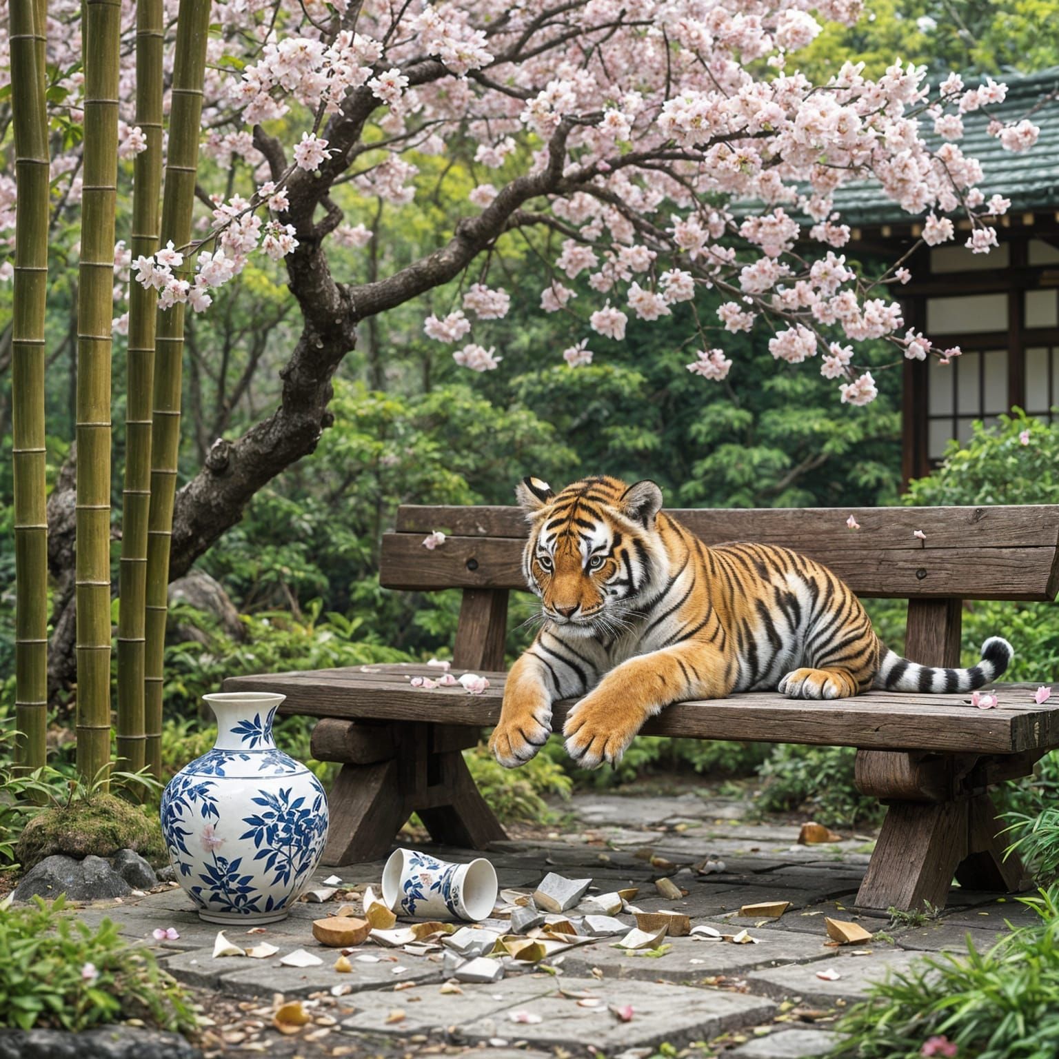 Tiger Cub Plays in Serene Japanese Garden Matte Painting