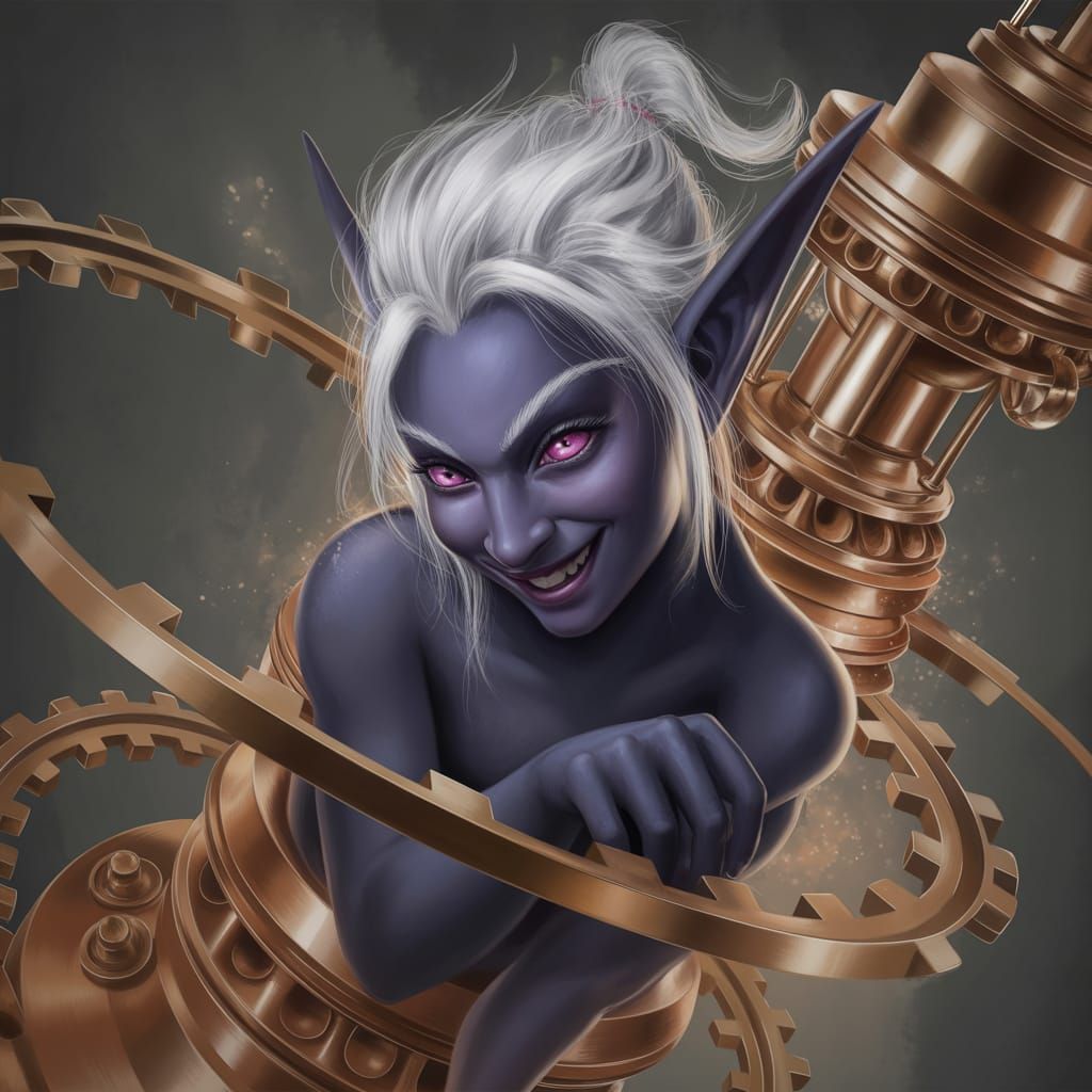 Mischievous Drow Elf in Steampunk Engine Art