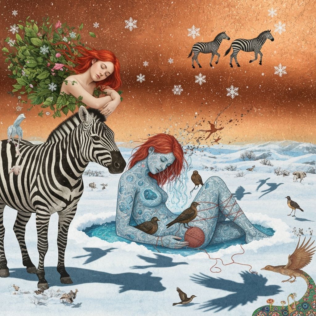 Surreal Dreamscape of Woman Sleeping on Zebra in Winter