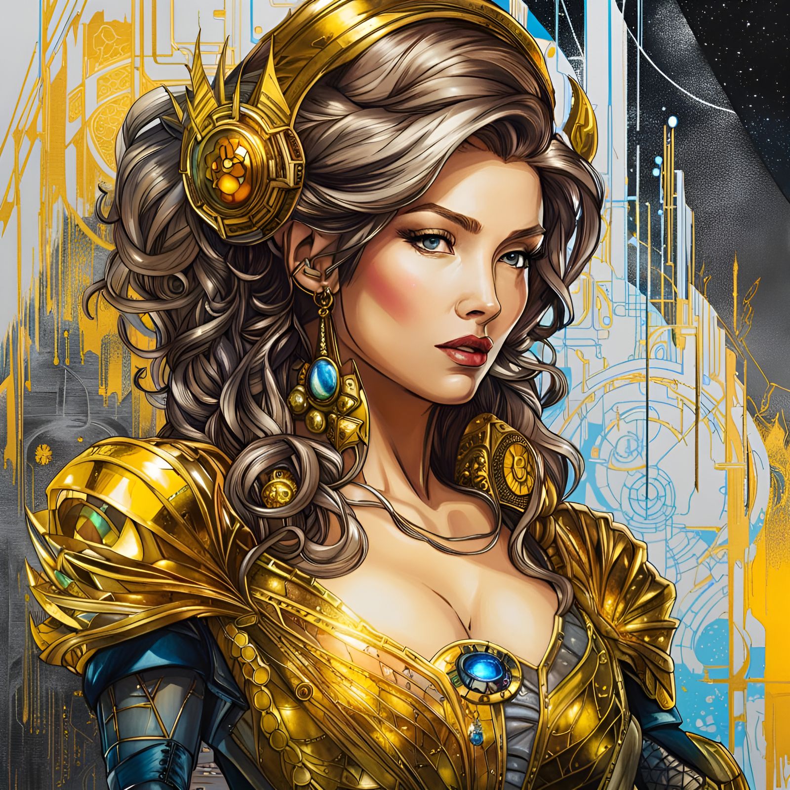 Cyberpunk Princess Belle with Silver and Gold Outlines