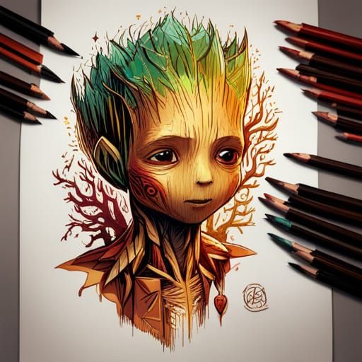 Luminous Groot with Golden Outlines in Digital Painting Styl...