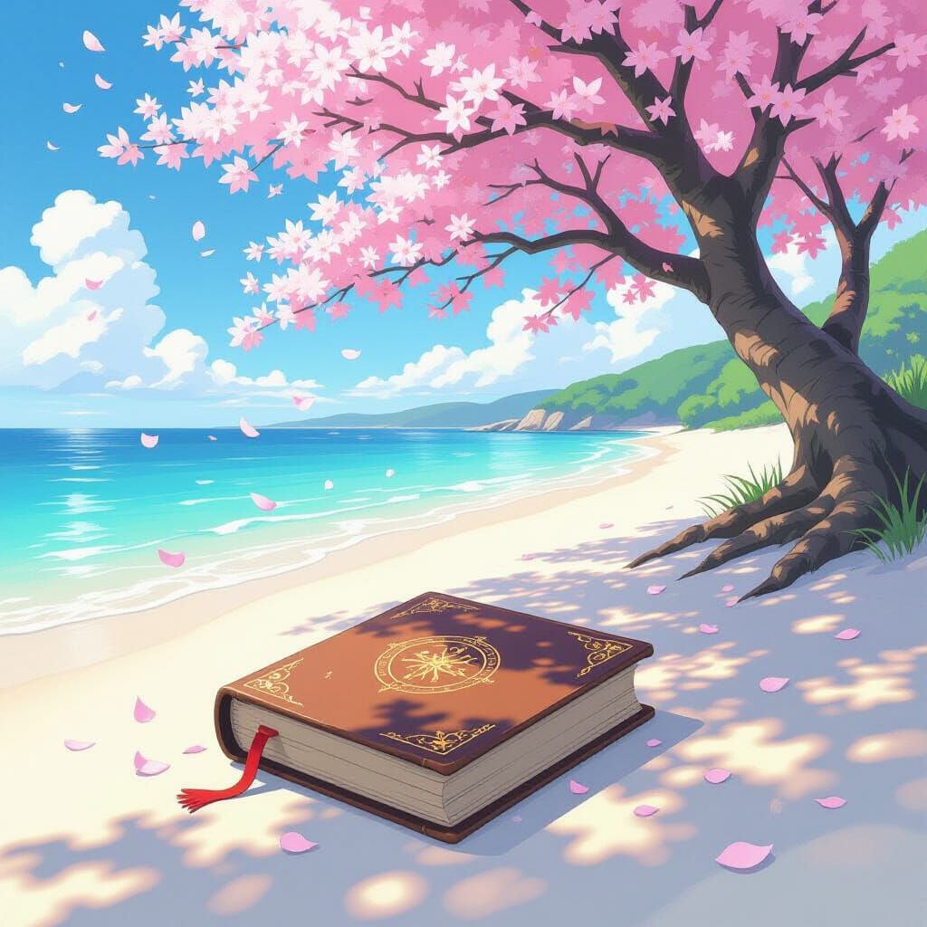 Glowing Book on Beach with Sakura Tree