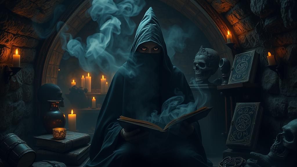 Mystical Witch in Dark Chamber, Ominous Lighting