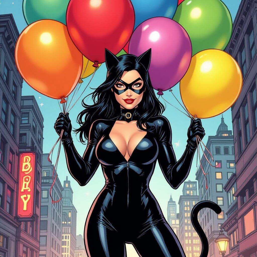 Black Cat Holds Colorful Balloons in Dynamic Comic Style