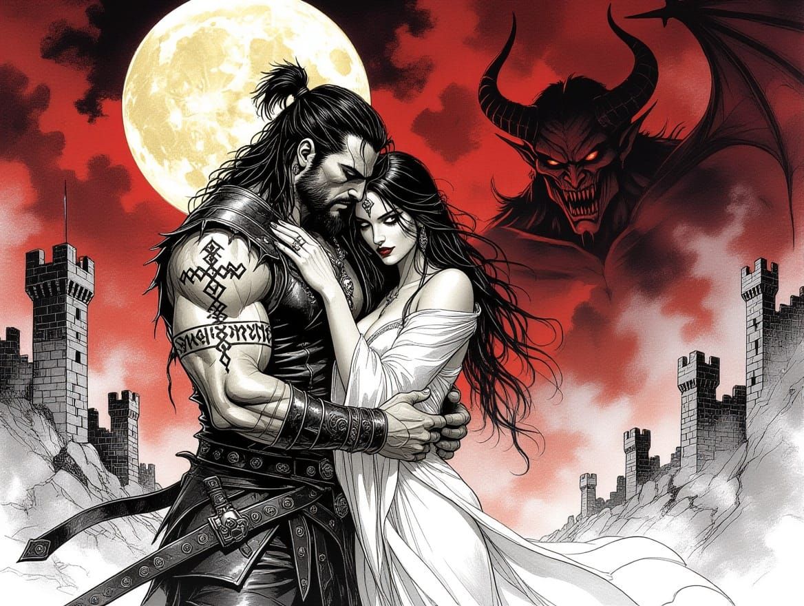 Warrior and Sorceress Embrace Under Ominous Moon
