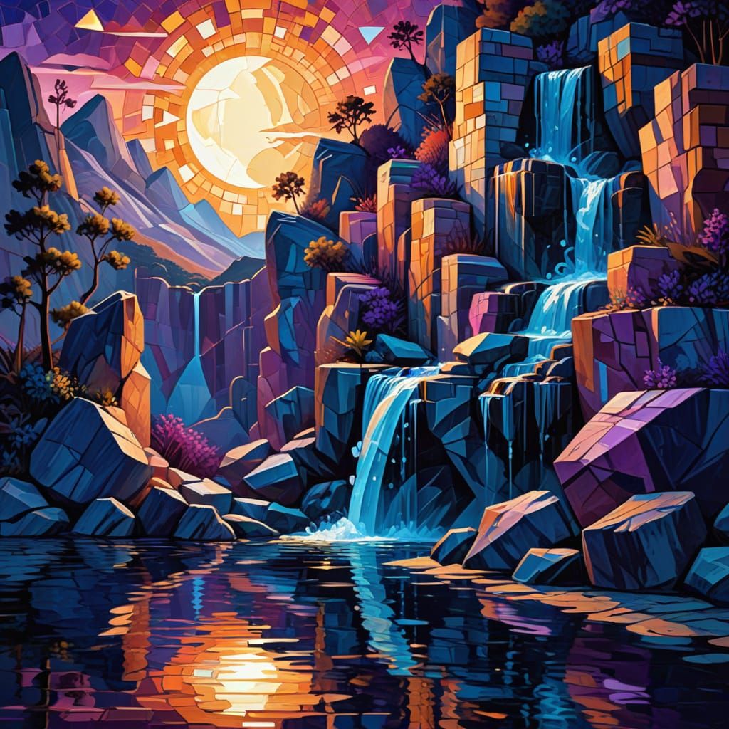 Cubist Moonlit Waterfall Masterpiece