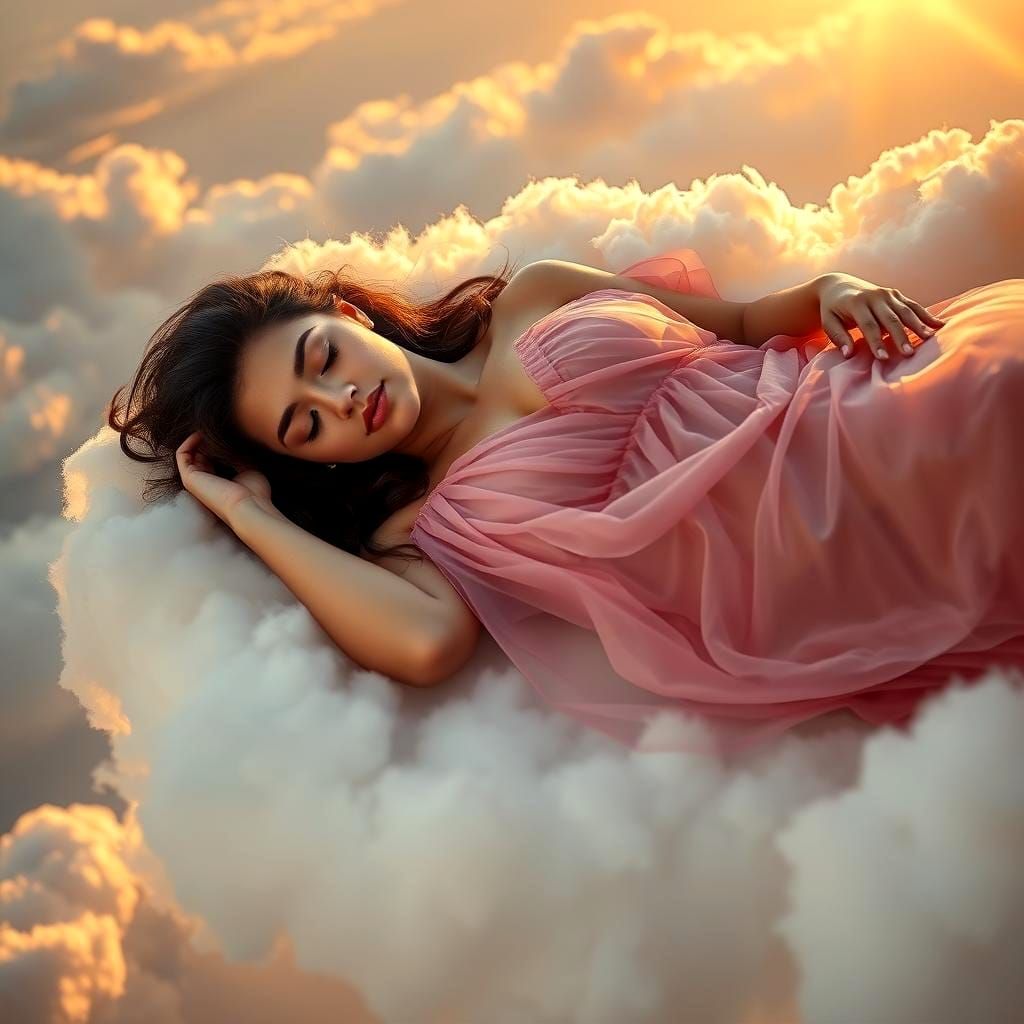 Woman Sleeping on Cloud in Dreamy Hyperrealism