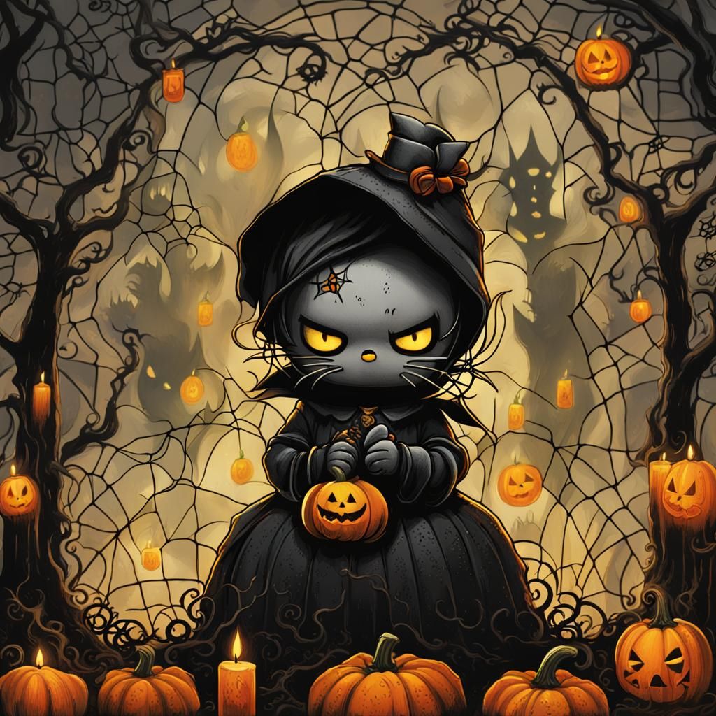 Gothic Cartoon Hello Kitty Pumpkin Illustration