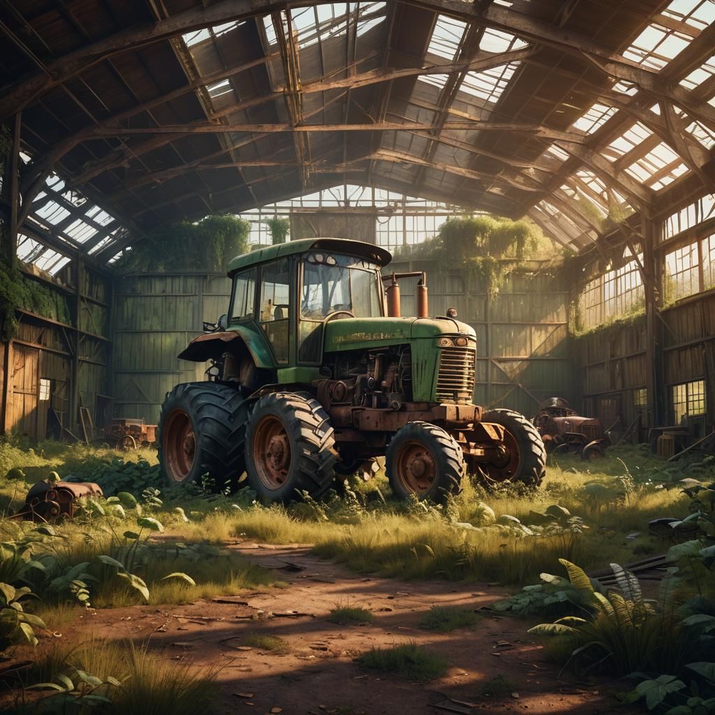 Rustic Tractor Shed in Vast Landscape: Matte Painting