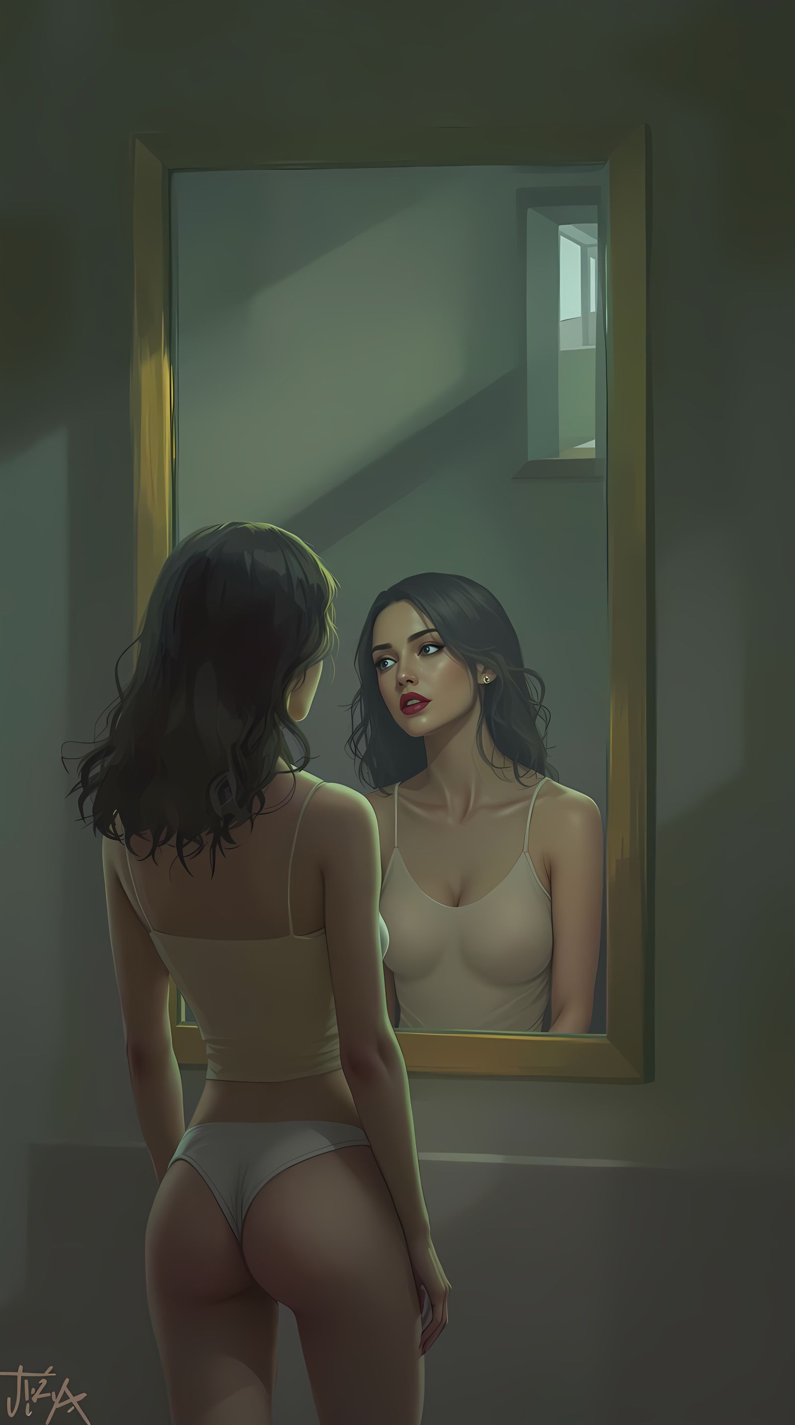Woman Without Reflection in a Surreal Mirror Scene