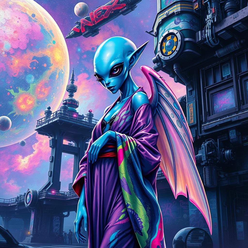 Alien Beauty on Intergalactic Station in Graffiti Art Style