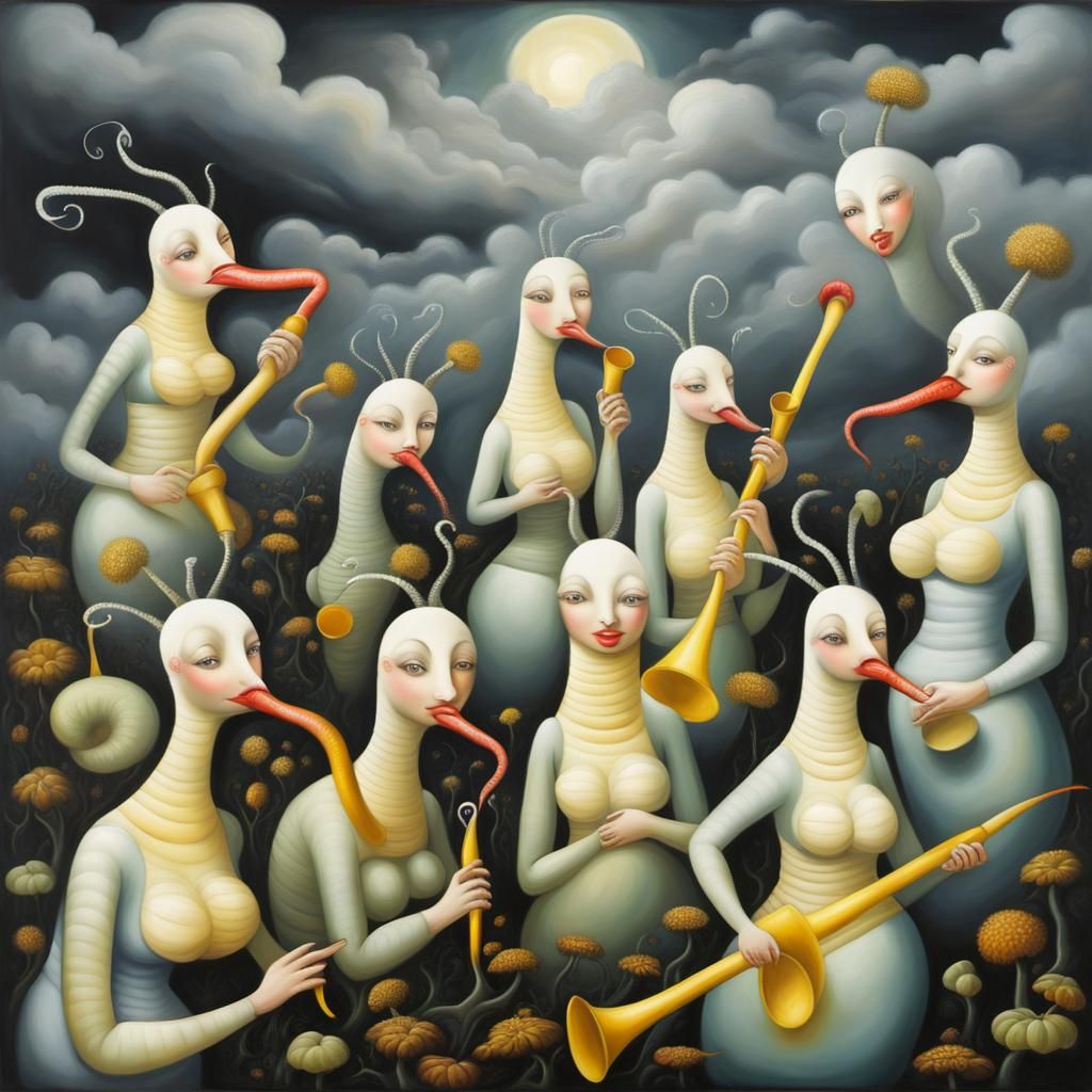 Surreal Wormgirl Orchestra in Oil Painting Style